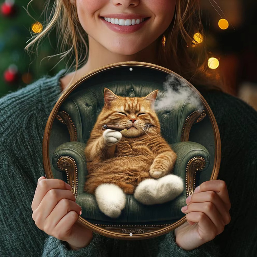 HELLOYOUNG Vintage-Katze mit Kranzschild 2D-Wandkunst aus Metall, Mehrfarbig, Durchmesser: 20 cm - Bild 2