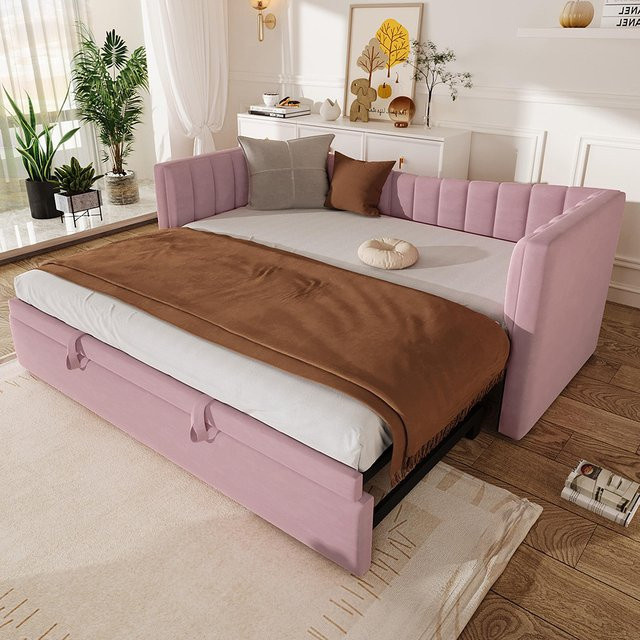KOMHTOM Gepolstertes Schlafsofa als Tagesbett mit Ausziehbett und Samtbezug, Farbe: Rosa, B/T/H: 180 x 90 x 200 cm - Bild 1