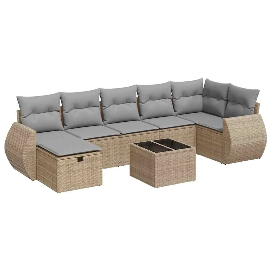 vidaXL 8-teilige Garten-Sofagarnitur in L-Form aus Poly Rattan mit Kissen und Ottoman in Beige - Bild 2