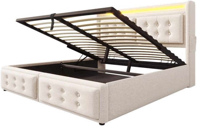 Merax Polsterbett mit LED-Unterbettbeleuchtung und USB-C Ladestation in Beige, B/T/H: 160 x 200 x 109 cm - Bild 1