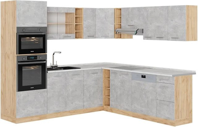 Vicco R-Line Eckküche in Beton-Optik und Eiche mit Goldakzenten, B/T/H: 237 x 247 x 81,6 cm - Bild 1