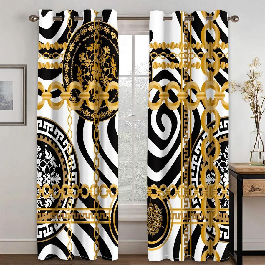 Yiran Furniture Moderne Vorhangset 2 Stück Schwarz Weiß mit Grafikdesign, halbtransparent, Polyester, B: 100 cm, H: 130 cm - Bild 1