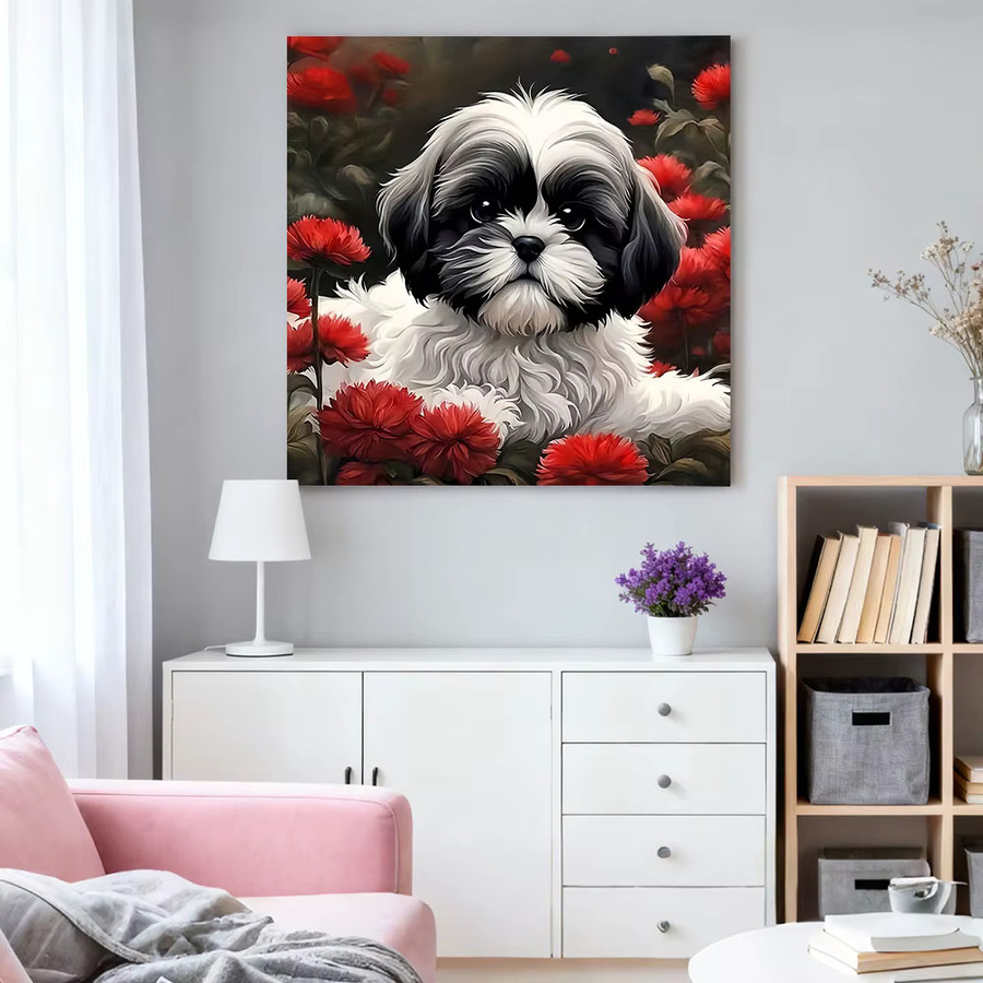 HUACAN Diamantmalerei Hund mit Blumen als rundes Mosaik-Set in Mehrfarbig, Durchmesser: 20 cm - Bild 3