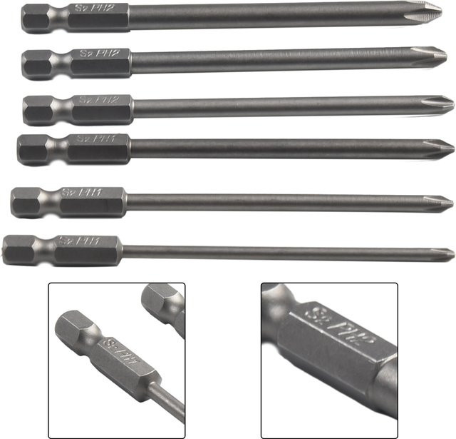 VIBRATITE 6er Set Magnetische Schraubendreher-Bits aus Stahl mit 1/4 Zoll Schaft und 100 mm Länge, Hex und Kreuzkopf - Bild 1