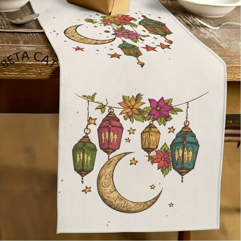 VIKAMA Ramadan Tischläufer mit buntem Halbmond-Laternen-Design aus Leinen, rechteckig, Mehrfarbig, Breite: 90 cm, Tiefe: 33 cm - Bild 2