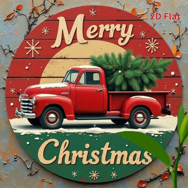 Runde Weihnachts-Wanddekoration aus Metall von Potdemiel mit rotem LKW und Weihnachtsbaum-Design in Rot - Bild 1