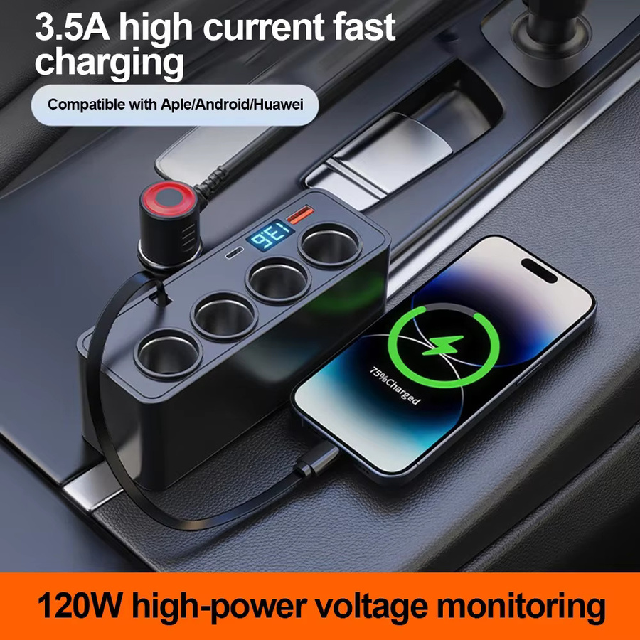 120 W Auto-Zigarettenanzünder-Adapter mit einziehbarem Kabel, QC3.0 und PD30 W Schnellladung, Spannungsanzeige, Schwarz, 12 V/24 V - Bild 2