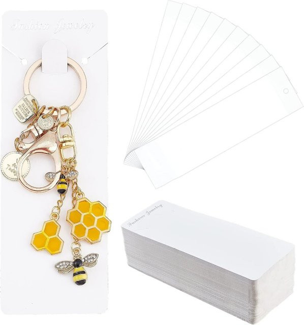 100er-Set Papier-Schlüsselanhänger-Displaykarten in Weiß mit PVC-Verpackungsbeuteln, rechteckige Kartenhalter für Schmuckverpackungen, B/H: 14,5 x 5,1 cm - Bild 1