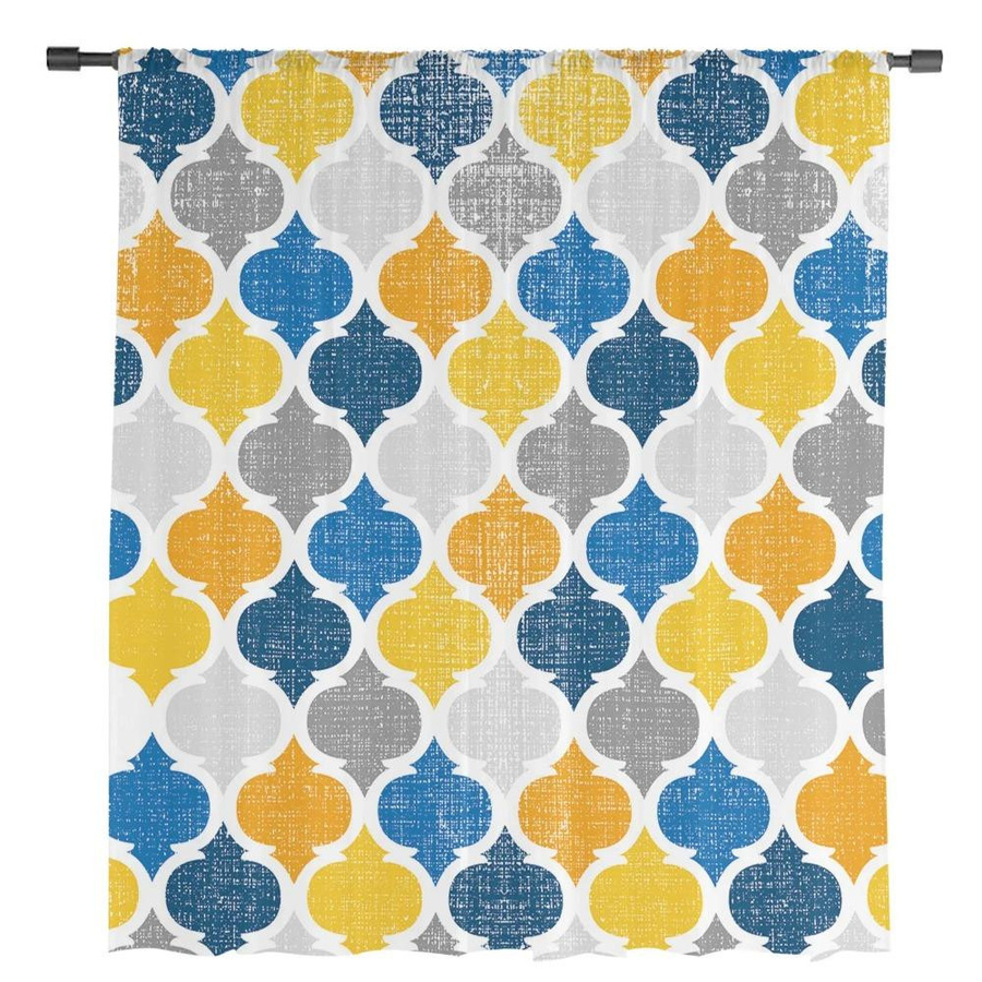 Yiran Furniture Transparente Vorhänge Marokkanisch Retro Geometrisch in Gelb und Blau, Voile Organza mit Ösen, Breite: 135 cm, Höhe: 115 cm - Bild 1