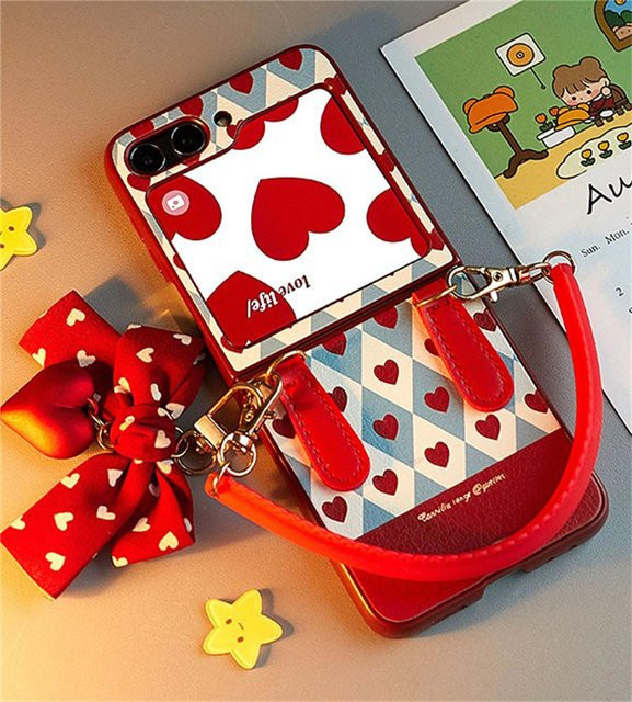 Samsung Galaxy Z Flip 5 6 4 3 Handyhülle mit Liebesherz-Schleife und Armbandkette in Rot - Bild 1