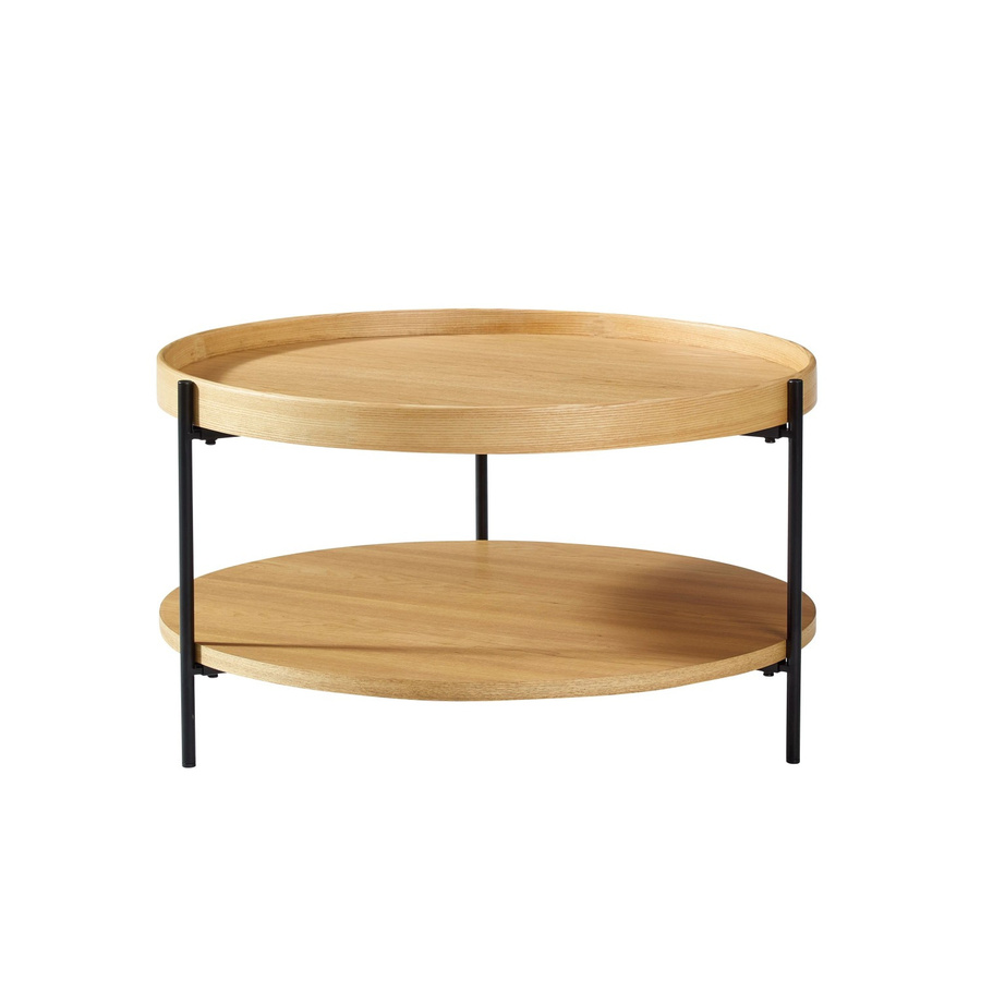 okwish Couchtisch aus Massivholz und Metall in Natur Braun, runder 2-stöckiger Wohnzimmertisch, B/T/H: 69 x 69 x 38 cm - Bild 2