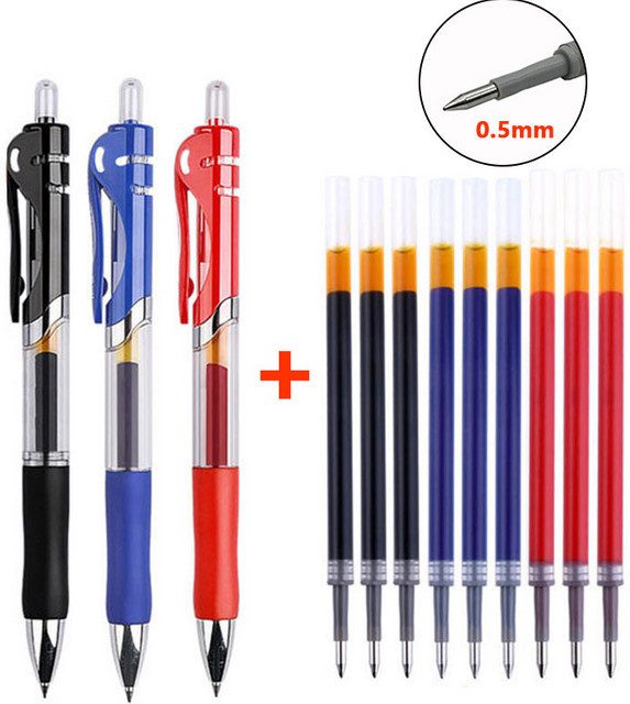 13er Set Gelstifte mit austauschbaren Minen, 0,5 mm Stiftspitze, Farben: Schwarz, Rot und Blau - Bild 1