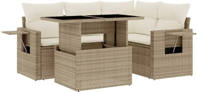 vidaXL 5-teilige Garten-Sofagarnitur aus Poly-Rattan mit Kissen in Beige-creme - Bild 1
