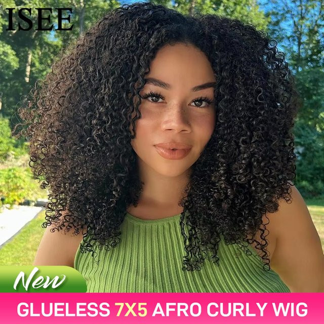ISEE Hair Wear Go Glueless HD Afro Kinky Curly Lace Front Perücke, Echthaar - Bild 1