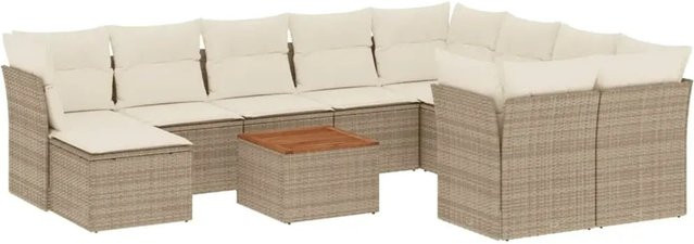 vidaXL 11-tlg. Garten-Sofagarnitur aus Poly-Rattan und Akazienholz mit Kissen in Beige-Creme - Bild 1