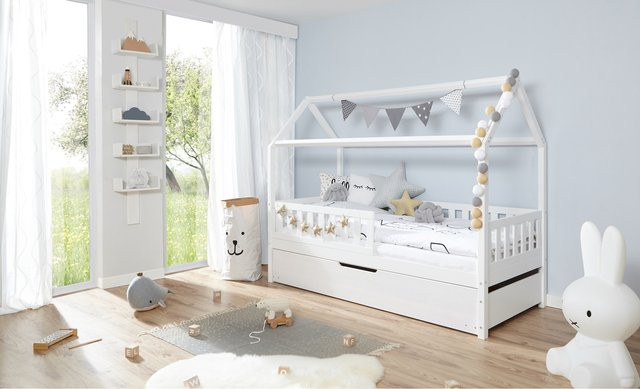 TiCAA Hausbett Traumhaus mit Zusatzbett aus Kiefernholz in Weiß - Bild 1