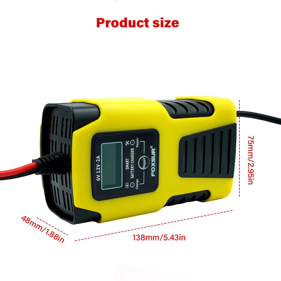 Automatisches Autobatterie-Ladegerät mit LCD-Anzeige und Impulsreparatur für Blei-Säure, GEL, AGM, Nass, Calcium und Deep Cycle VRLA Batterien, Gelb, 6V/12V 2A - Bild 6