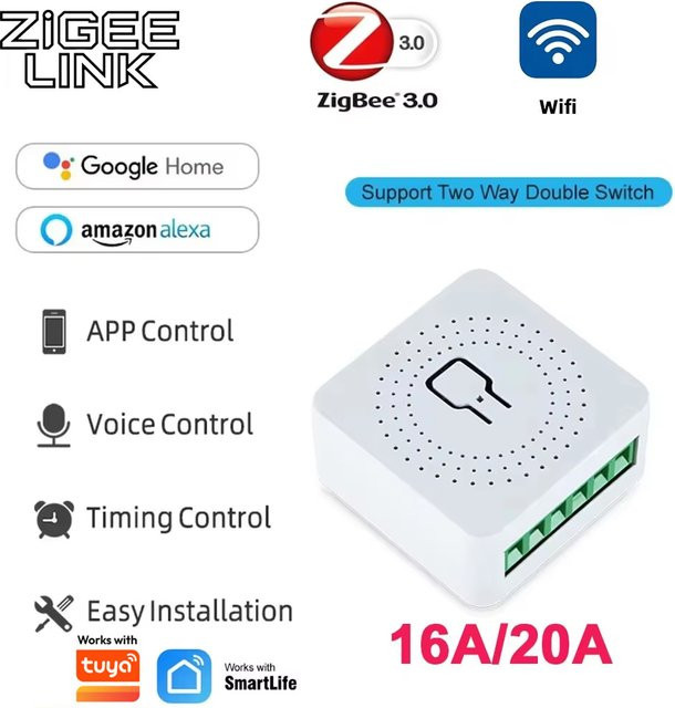 Smart Home Automatisierungsmodul Mini WiFi/Zigbee 3.0 Schalter mit 2-Wege-Steuerung in Weiß, kompatibel mit Tuya Alexa und Google Home - Bild 1