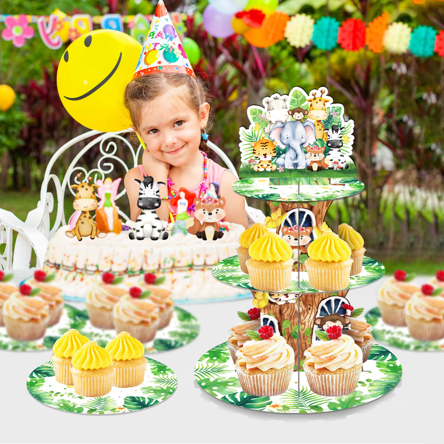 3-stöckiges Kuchendisplay mit Cartoon Dschungel Safari Wildtier Motiv für Geburtstag und Baby Shower, bunt, rund - Bild 3