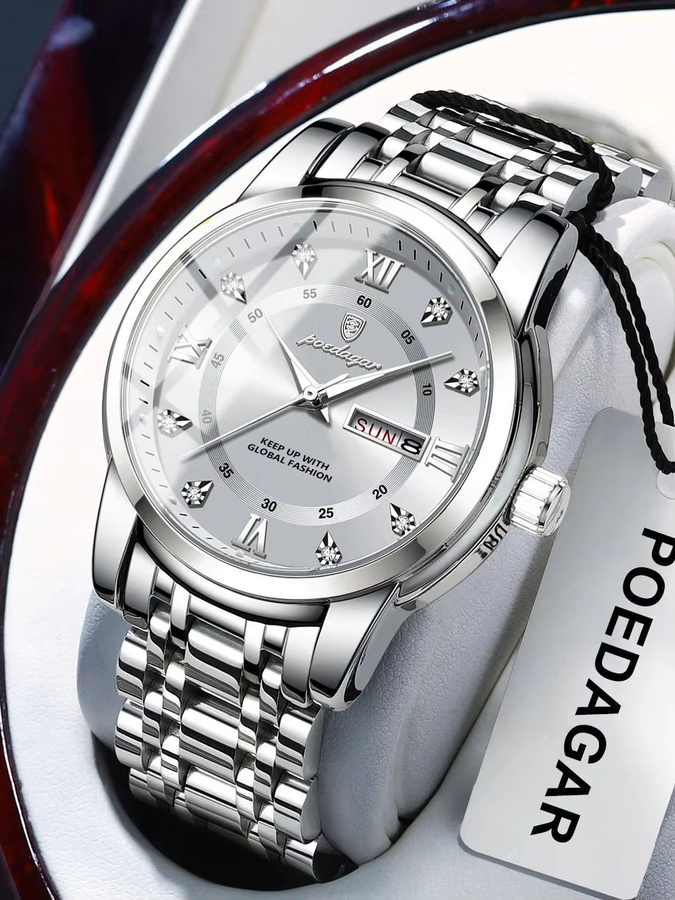 POEDAGAR Armbanduhr Edelstahl, Quarz, Silber, Herren, Datum, Wochentag - Bild 7