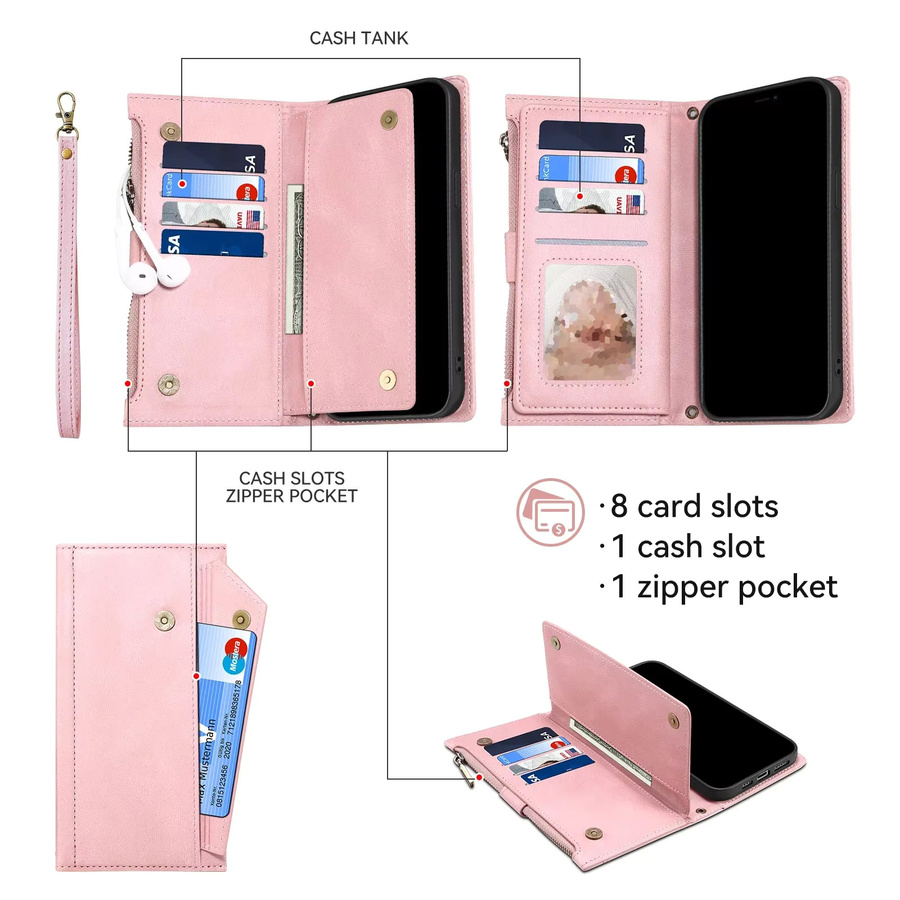 Eseble Crossbody Leder Brieftasche mit Reißverschluss und Lanyard für Google Pixel 9 Pro XL 8 Pro 8a 7 Pro 6 Pro 6a inklusive RFID-Schutz in Braun oder Pink - Bild 2