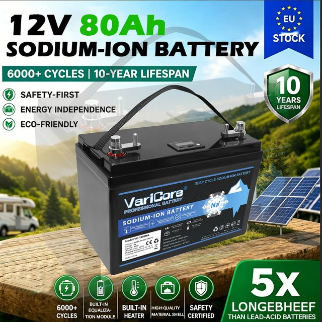 VariCore 12V 80Ah Natrium-Ionen-Batterie in Schwarz, kältebeständige und schnell aufladbare Deep-Cycle-Speicherbatterie für Solaranlagen, Wohnmobile und Boote - Bild 1