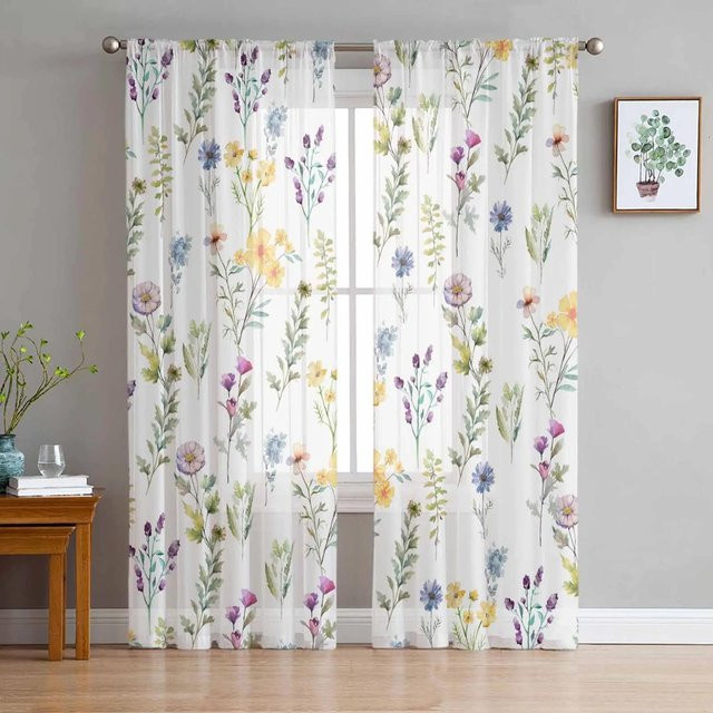 Yiran Furniture Transparenter Vorhang mit Retro-Wildblumen-Design aus Tüll und Organza, Mehrfarbig, Breite: 135 cm, Höhe: 160 cm - Bild 1