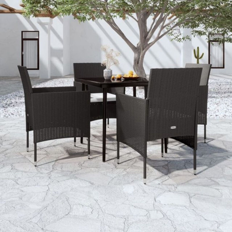 5-tlg. moderne Garten-Essgruppe aus Rattan und Metall mit Glasplatte und Kissen in Schwarz von vidaxl - Bild 1