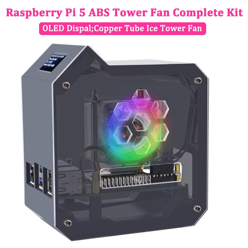GeeekPi Raspberry Pi 5 ABS Mini Tower Komplettset in Schwarz mit Eisturm Kühler, 0,96 Zoll Display und Netzteil - Bild 5