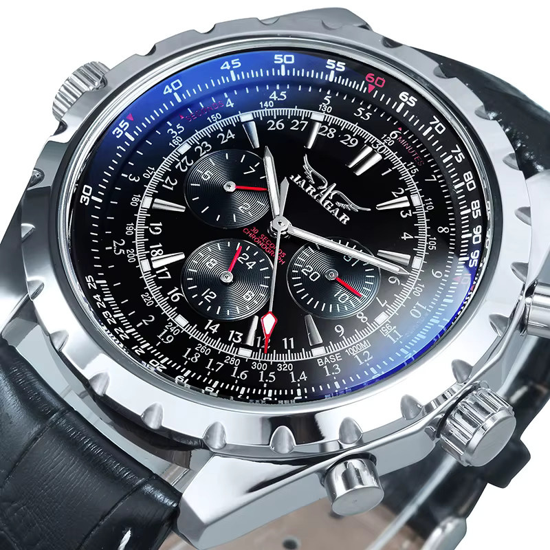 JARAGAR Automatik Armbanduhr, Leder, Edelstahl, Silber, Herren - Bild 1
