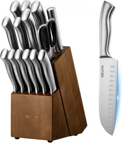 VEVOR Küchenmesser-Set aus deutschem High-Carbon-Edelstahl in Silber mit Messerblock und Schleifstab, 15-teiliges Set mit ergonomischen Griffen - Bild 1