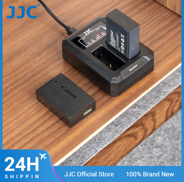 JJC Akkuladegerät mit Doppelsteckplatz und USB-C-Anschluss für Canon LP-E17, LP-E6 und LP-E8 Lithium-Ionen-Akkus in Schwarz - Bild 1
