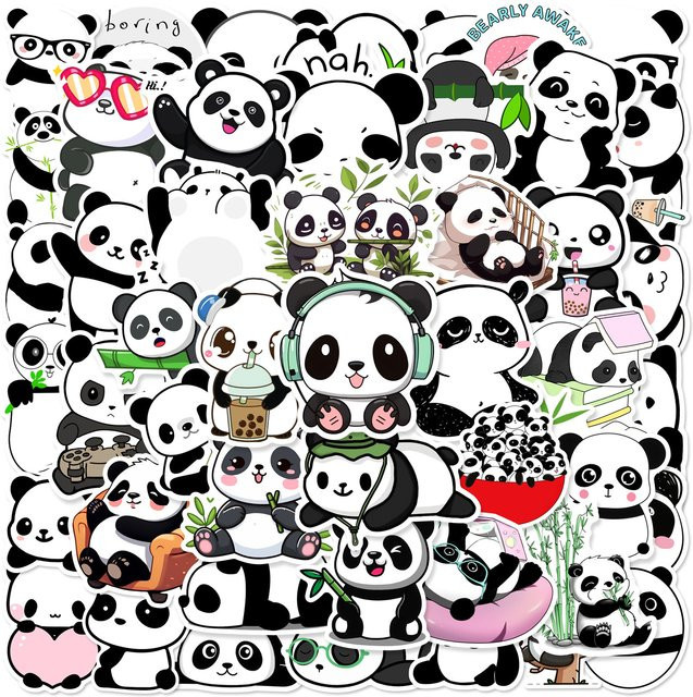 50 Stück Panda Aufkleber im Kawaii Cartoon Design, wasserfeste DIY-Sticker für Scrapbooking, Handy und Gepäck, Mehrfarbig - Bild 1