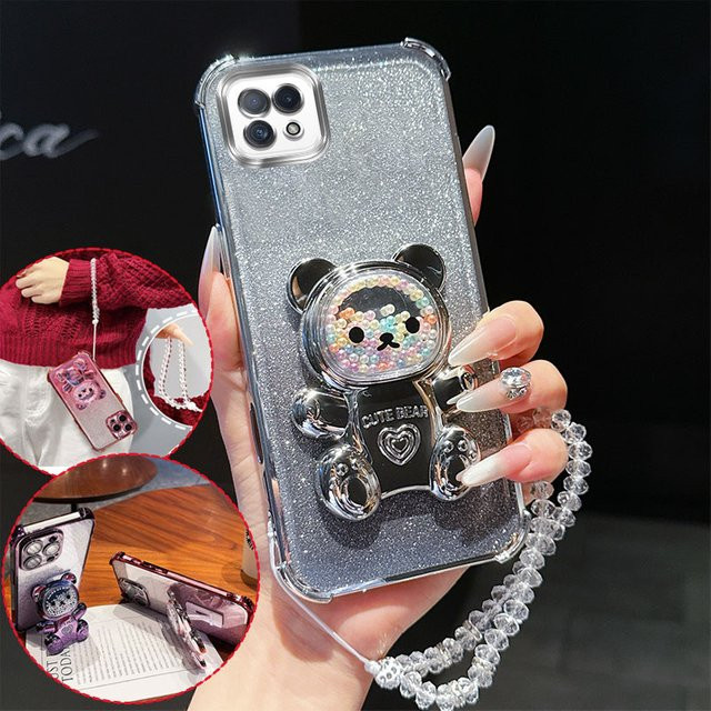 Stoßfeste Handyhülle für Oppo A73 A72 A53 5G mit 3D-Bär-Ständer, Glitzer und Kristallketten-Lanyard in Pink - Bild 1