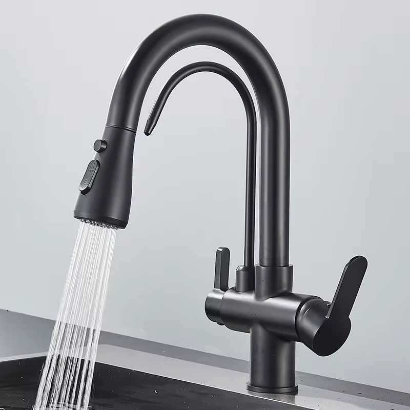 Quyanre Küchenarmatur in Mattschwarz mit gefiltertem Wasser, 360 Grad drehbarer Drei-Wege-Spültischmischer mit ausziehbarem Sprühhahn, Höhe: 34,5 cm, Tiefe: 16,0 cm, Breite: 11,5 cm - Bild 3