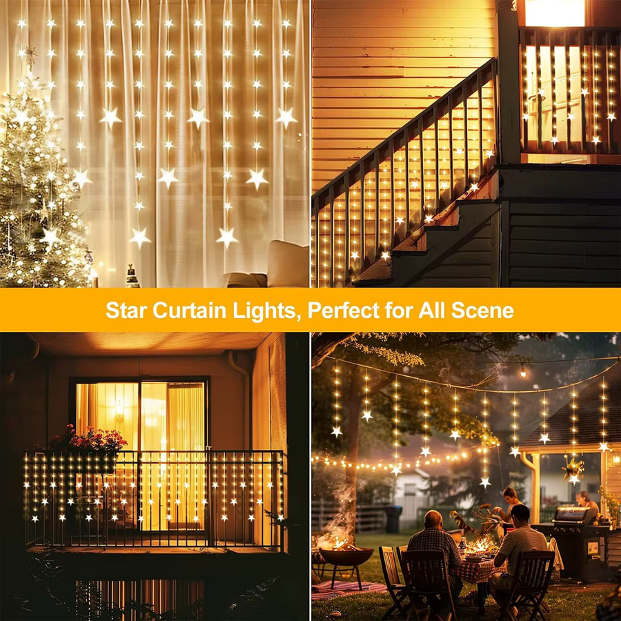 Peach Forest LED Stern Vorhang Lichterkette mit Fernbedienung, Warmweiß, 120 LEDs, USB-Betrieb - Bild 4