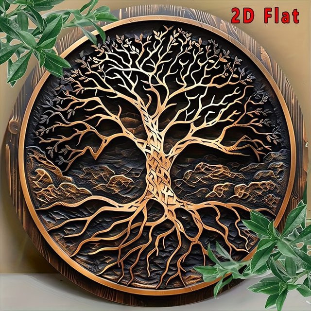 Potdemiel Vintage Baum des Lebens Wandkunst aus Aluminium-Metall, runde Outdoor-Hängedekoration mit floralem Design, Durchmesser: 20,32 cm - Bild 1