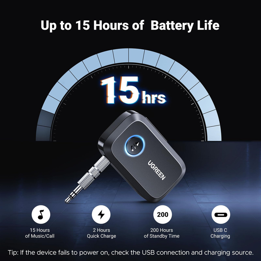 UGREEN Bluetooth 5.3 Empfänger CM596 Schwarz mit 3,5 mm Klinke und USB-C Unterstützung für Stereo Audio via SBC/AAC - Bild 3