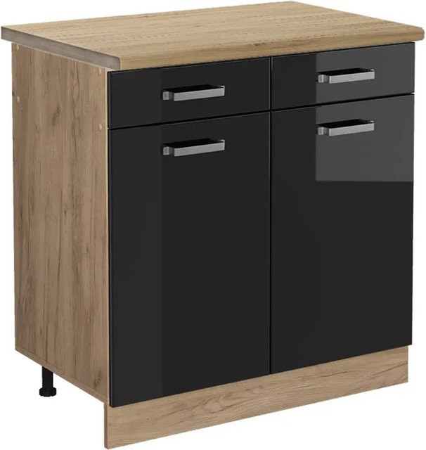 Vicco Küchenunterschrank R-Line Schwarz Hochglanz und Eiche mit Türen und Schubladen B: 80 cm, T: 60 cm, H: 81,6 cm - Bild 1