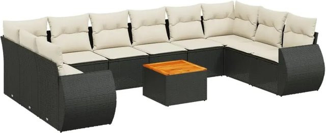 vidaXL 11-teilige Garten-Sofagarnitur aus Poly-Rattan und Akazienholz in Schwarz-Creme mit Kissen - Bild 1