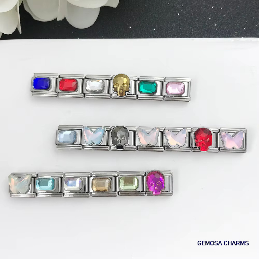 GEMOSA Charm-Link, Edelstahl, bunter Totenkopf, Schmetterling, quadratisches Bild - Bild 1