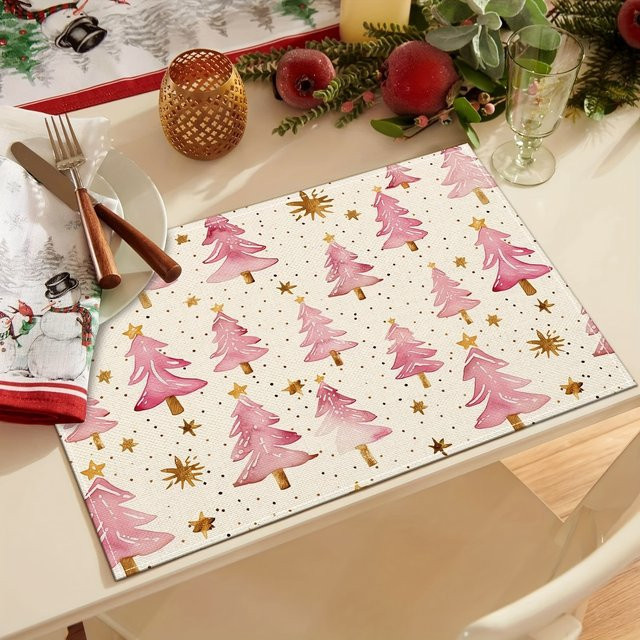 VIKAMA Weihnachts-Tischsets mit rosa Weihnachtsbaum-Motiv, wasserdichte Untersetzer für Küche und Restaurant, B/T: 40 x 30 cm - Bild 1