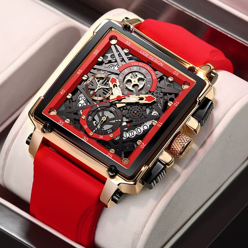 LIGE Armbanduhr Chronograph, Quarz, Rot, Silikon, Herren - Bild 4