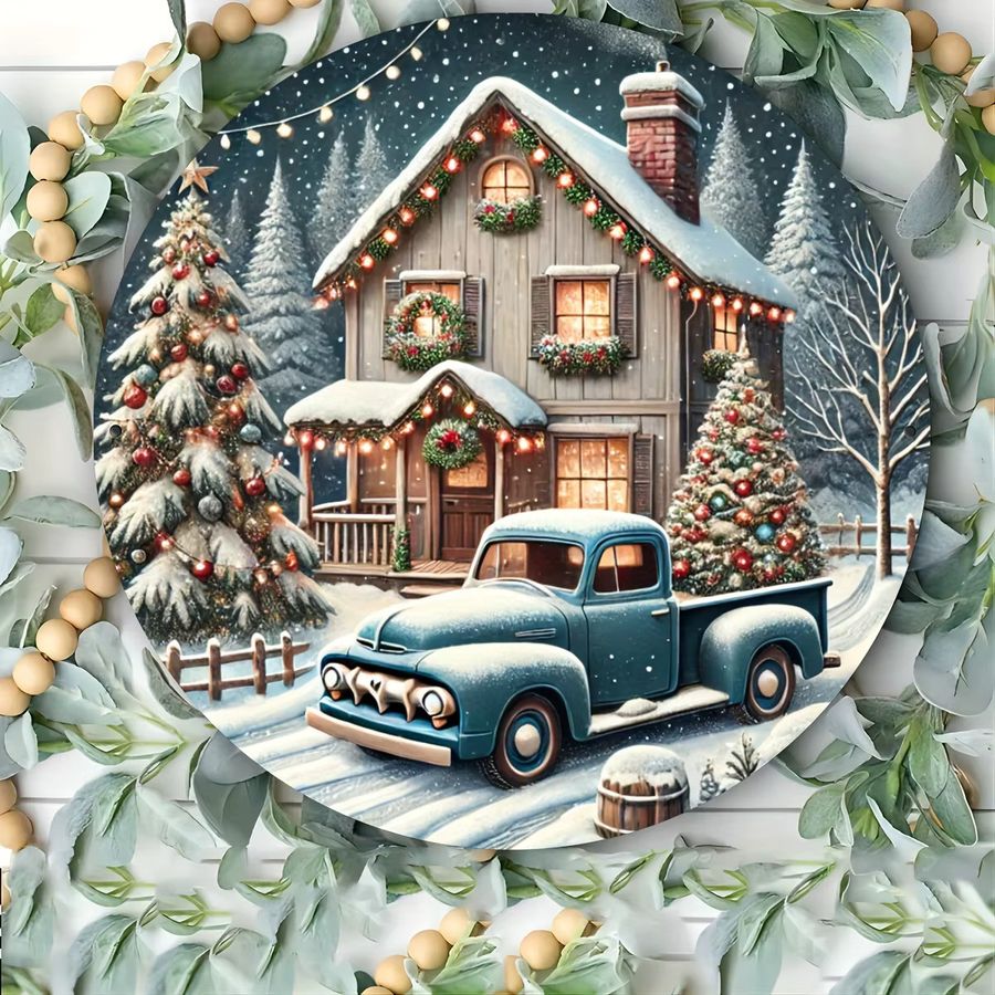 Potdemiel Vintage Weihnachts-Metallschild mit Hütte und LKW zur Dekoration, 20,32 x 20,32 cm - Bild 5