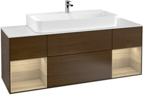 V&B Waschtischunterschrank Finion mit Wandbeleuchtung und Regal in Oak Veneer und Walnut Veneer, Braun, Breite: 160 cm - Bild 1