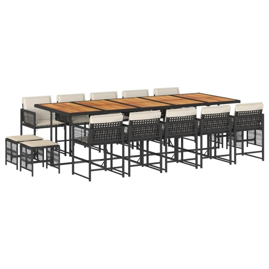 vidaXL 15-teilige Garten-Essgruppe aus Poly Rattan und Akazienholz mit Kissen in Schwarz, Braun und Cremeweiß - Bild 2