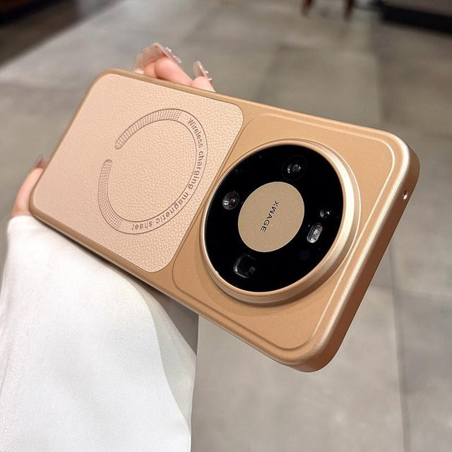 Magnetische Schutzhülle mit Litschi-Lederstruktur für Huawei Honor Magic 8 7 6 Pro in Gold, matt und stoßfest, kompatibel mit kabellosem Laden - Bild 1