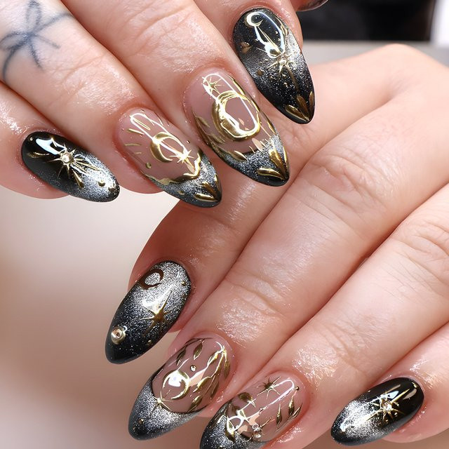 YADORNOS Press on Nails, 24 Stück, Schwarz, Glänzend, Mandelform - Bild 1