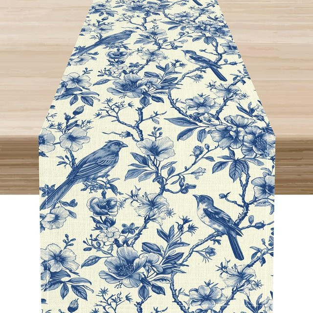 JINGYUE Pet Tischläufer aus Leinen mit blauem Blumenmuster und Vögeln, B/H: 150 x 33 cm - Bild 1