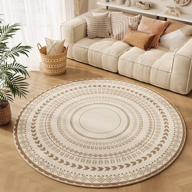 Runder Bohemian Teppich von Karpetti in Beige, rutschfest und waschbar, Durchmesser: 100 cm - Bild 1